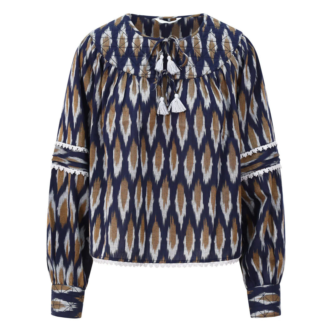One Collective Averno quilted yoke blouse Maritime Blue Diamond