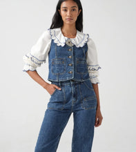 Load image into Gallery viewer, seventy + mochi Phoebe frill embroidery blouse Ecru &amp; Electric Blue
