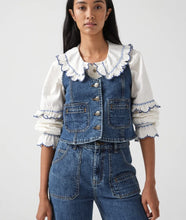 Load image into Gallery viewer, seventy + mochi Phoebe frill embroidery blouse Ecru &amp; Electric Blue
