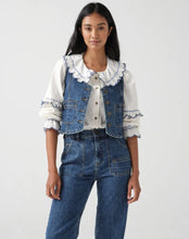 Load image into Gallery viewer, seventy + mochi Phoebe frill embroidery blouse Ecru &amp; Electric Blue
