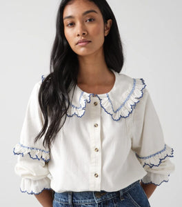 seventy + mochi Phoebe frill embroidery blouse Ecru & Electric Blue