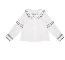 Load image into Gallery viewer, seventy + mochi Phoebe frill embroidery blouse Ecru &amp; Electric Blue
