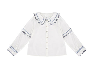 seventy + mochi Phoebe frill embroidery blouse Ecru & Electric Blue