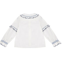 Load image into Gallery viewer, seventy + mochi Phoebe frill embroidery blouse Ecru &amp; Electric Blue
