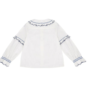 seventy + mochi Phoebe frill embroidery blouse Ecru & Electric Blue