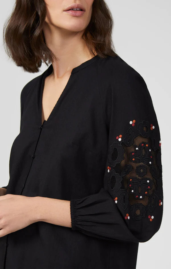 Great Plains Embroidered sleeve flannel blouse Black Multi
