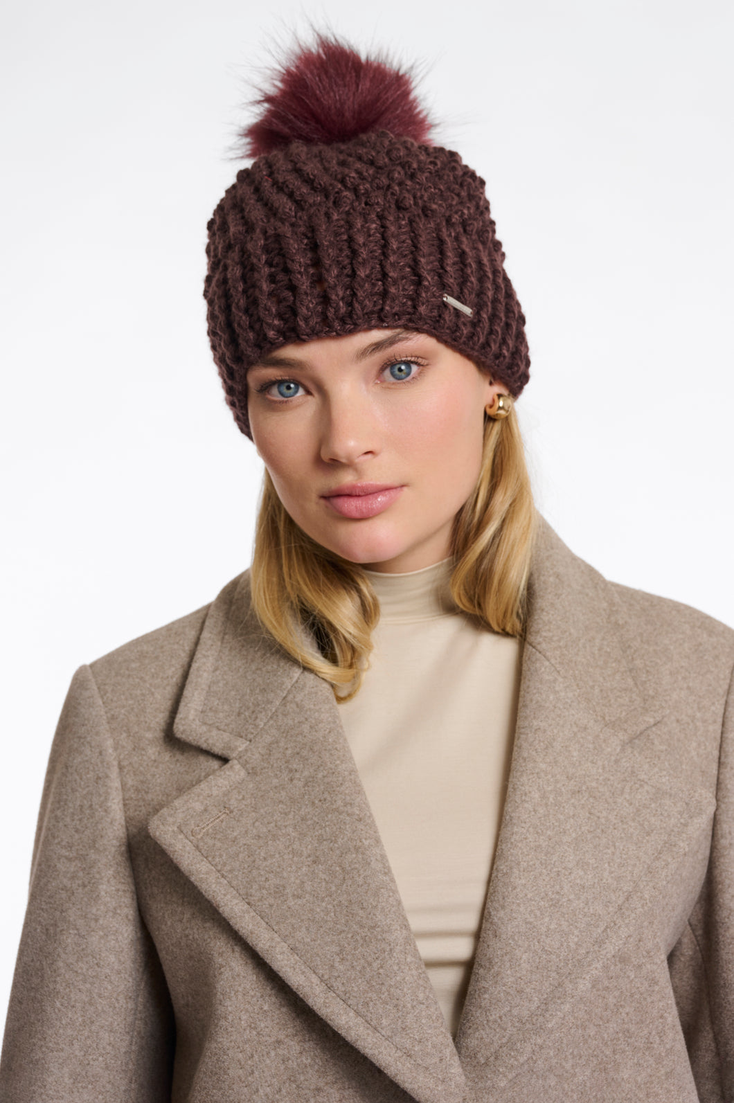 Rino & Pelle Kevina chunky knit detachable pom pom beanie chocolate