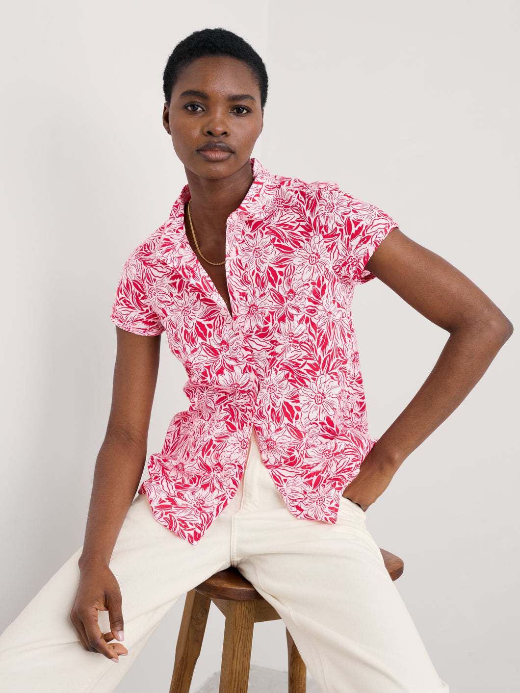 Seasalt Rushmaker cotton print shirt Stream Flower Scarlet