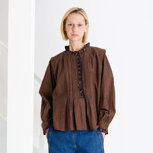Bonté Etienne scallop frill detail check shirt Midnight Tan