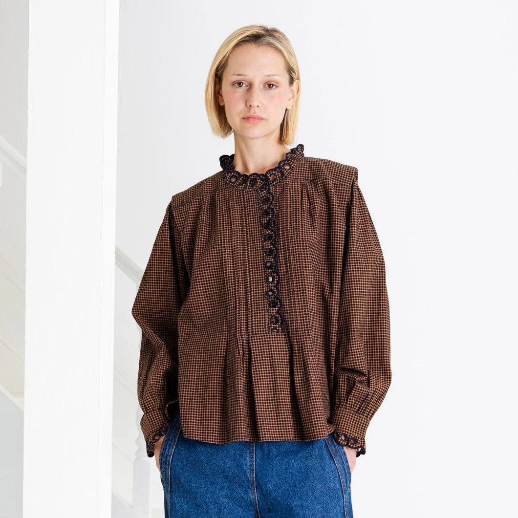 Bonté Etienne scallop frill detail check shirt Midnight Tan