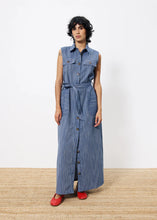 Load image into Gallery viewer, FRNCH Scarlet fine indigo woven stripe belted long dress Bleu marine
