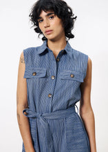 Load image into Gallery viewer, FRNCH Scarlet fine indigo woven stripe belted long dress Bleu marine
