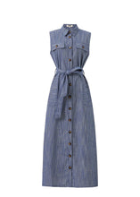 Load image into Gallery viewer, FRNCH Scarlet fine indigo woven stripe belted long dress Bleu marine
