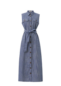 FRNCH Scarlet fine indigo woven stripe belted long dress Bleu marine