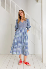 Load image into Gallery viewer, Bonté Troy geometric print shirred bodice and cuff dress Blue White
