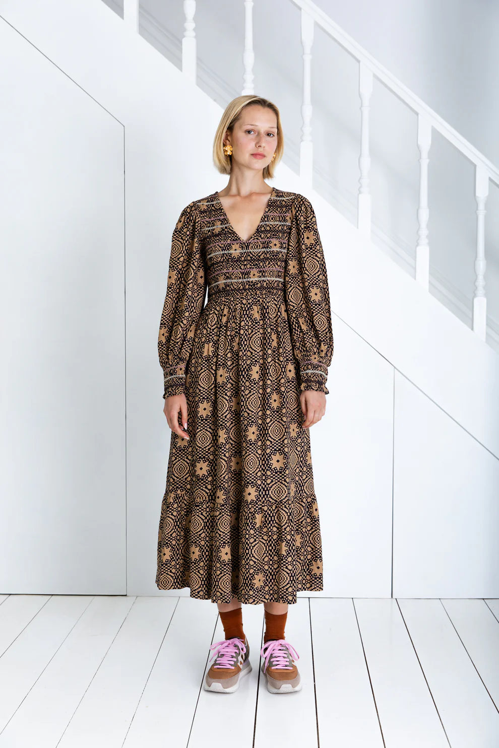 Bonté Troy graphic star print ruched dress Midnight Sand