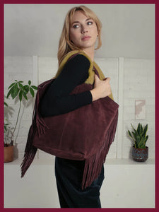 Nooki Vancouver suede fringed tote Plum