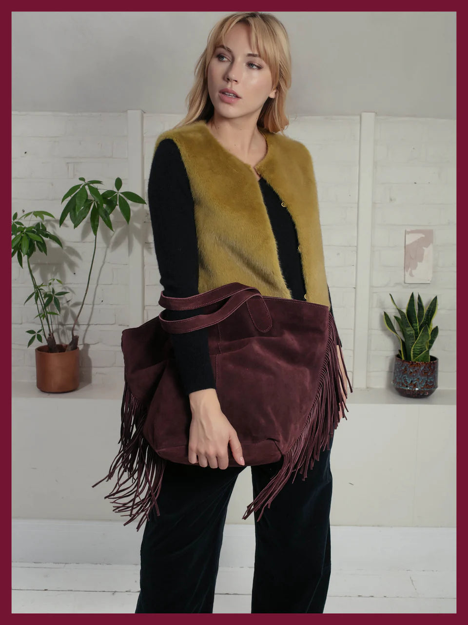 Nooki Vancouver suede fringed tote Plum