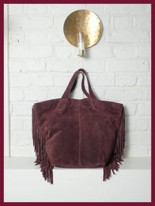 Nooki Vancouver suede fringed tote Plum