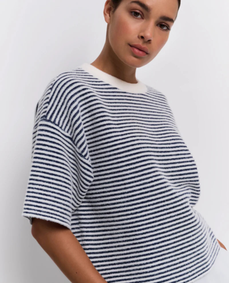 Ya Ya Striped fluffy short sleeve knit Navy Ivory