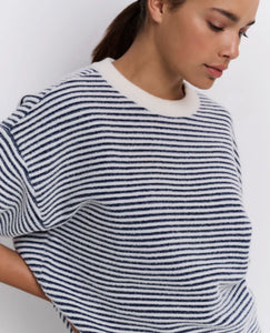 Ya Ya Striped fluffy short sleeve knit Navy Ivory