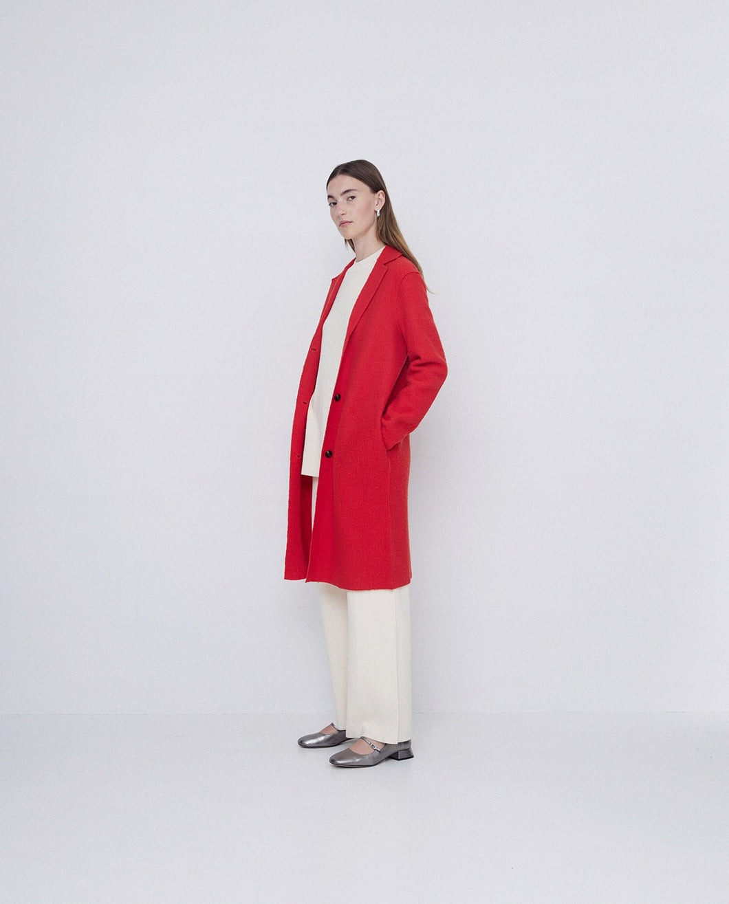 Yerse Boiled wool longline coat Tango Red