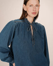 Load image into Gallery viewer, Grace &amp; Mila Salsa denim ruffle shirt Medium Blue
