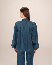 Load image into Gallery viewer, Grace &amp; Mila Salsa denim ruffle shirt Medium Blue
