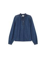 Load image into Gallery viewer, Grace &amp; Mila Salsa denim ruffle shirt Medium Blue
