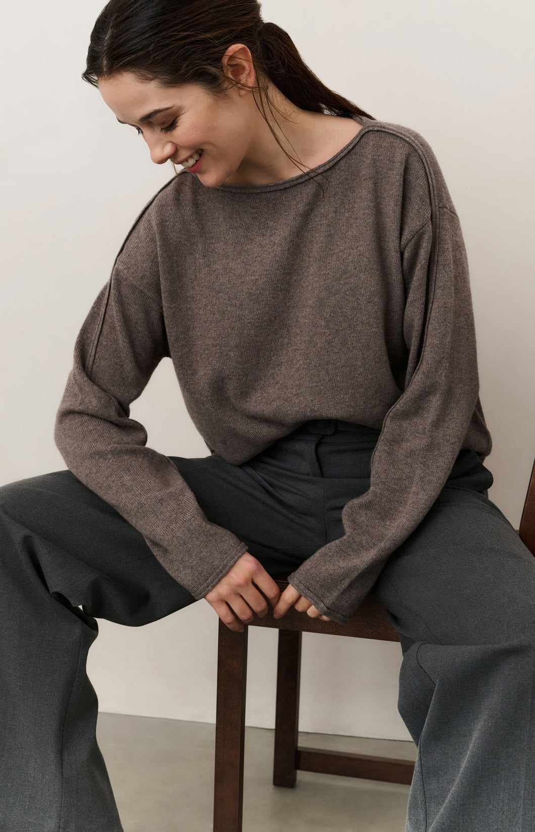 YAYA Boat neck decorative seam sweater Brown Melange
