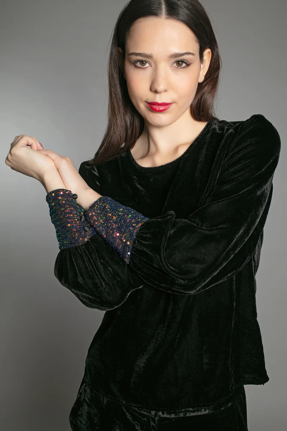 Nooki Erin velvet top with sequin cuff Black