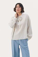 Load image into Gallery viewer, Part Two Epoke pussy bow blouse Faded Denim Stripe
