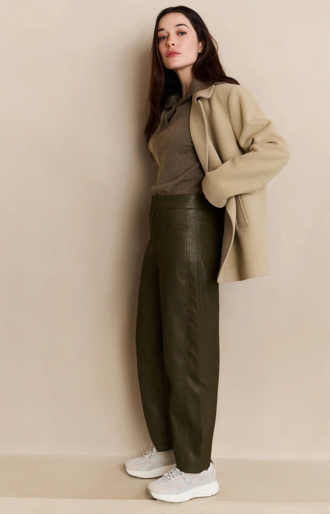 YAYA Faux leather trousers with seam detail Capers Brownish Green