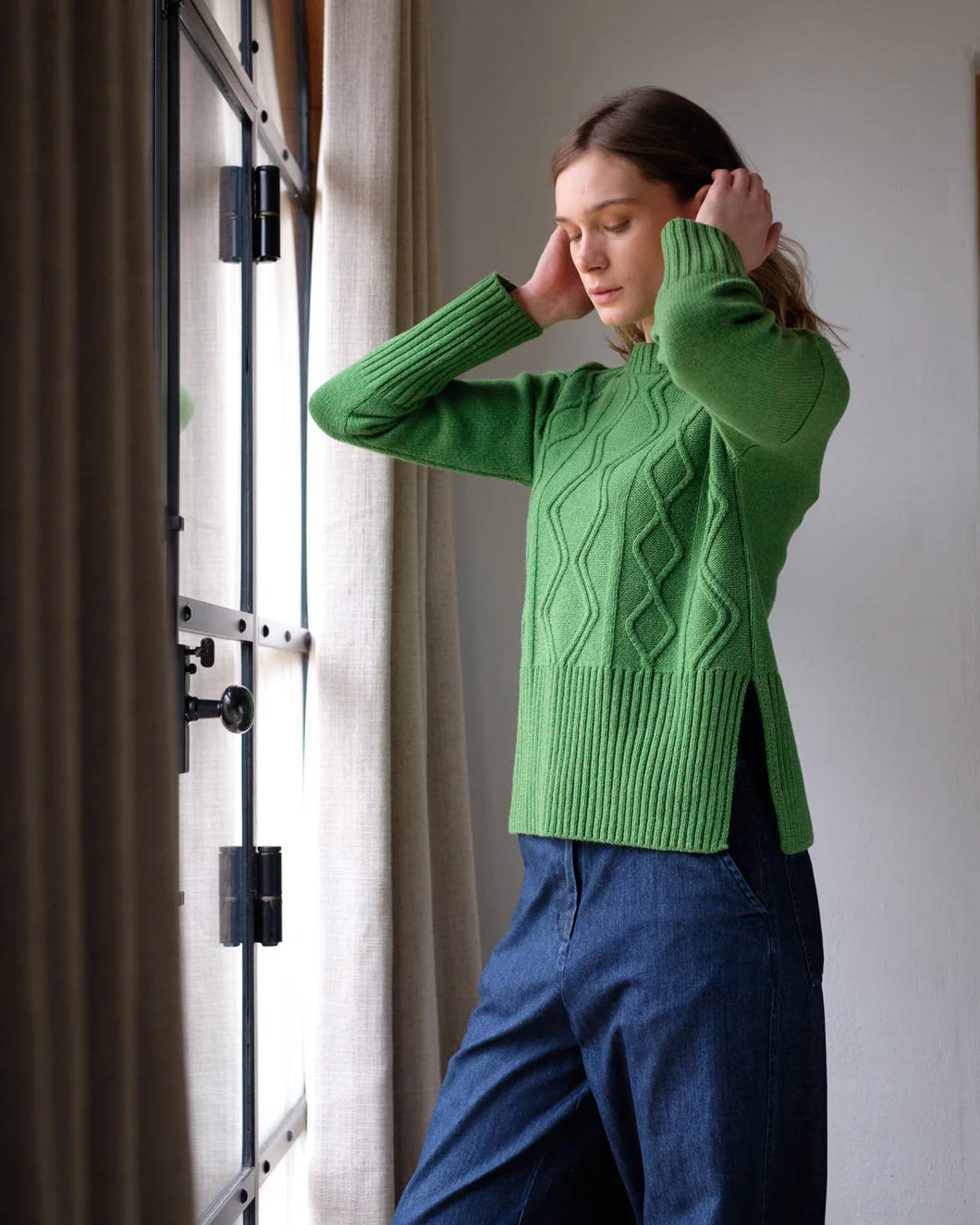 Bibico Elle boxy Aran knit merino wool jumper Watercress