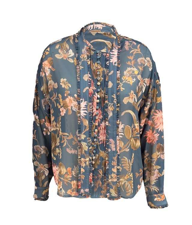 One Collective Ilmen Frilly bow neck print blouse Chrysanthmun Teal