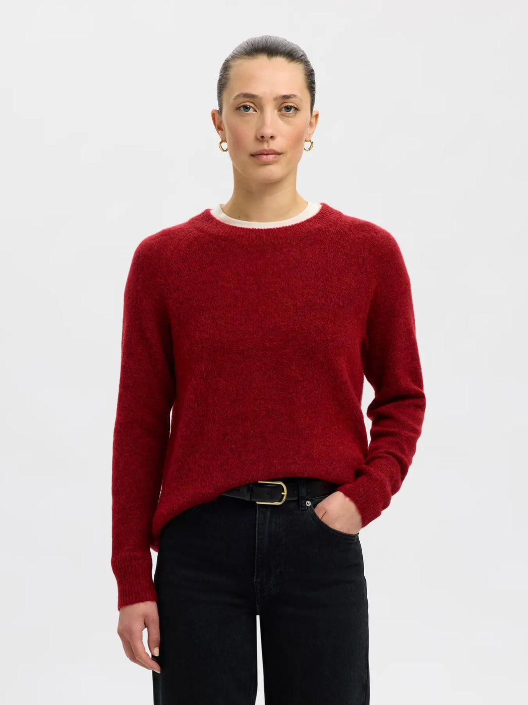 Selected Femme Lulu O neck jumper Equestrian Melange Red