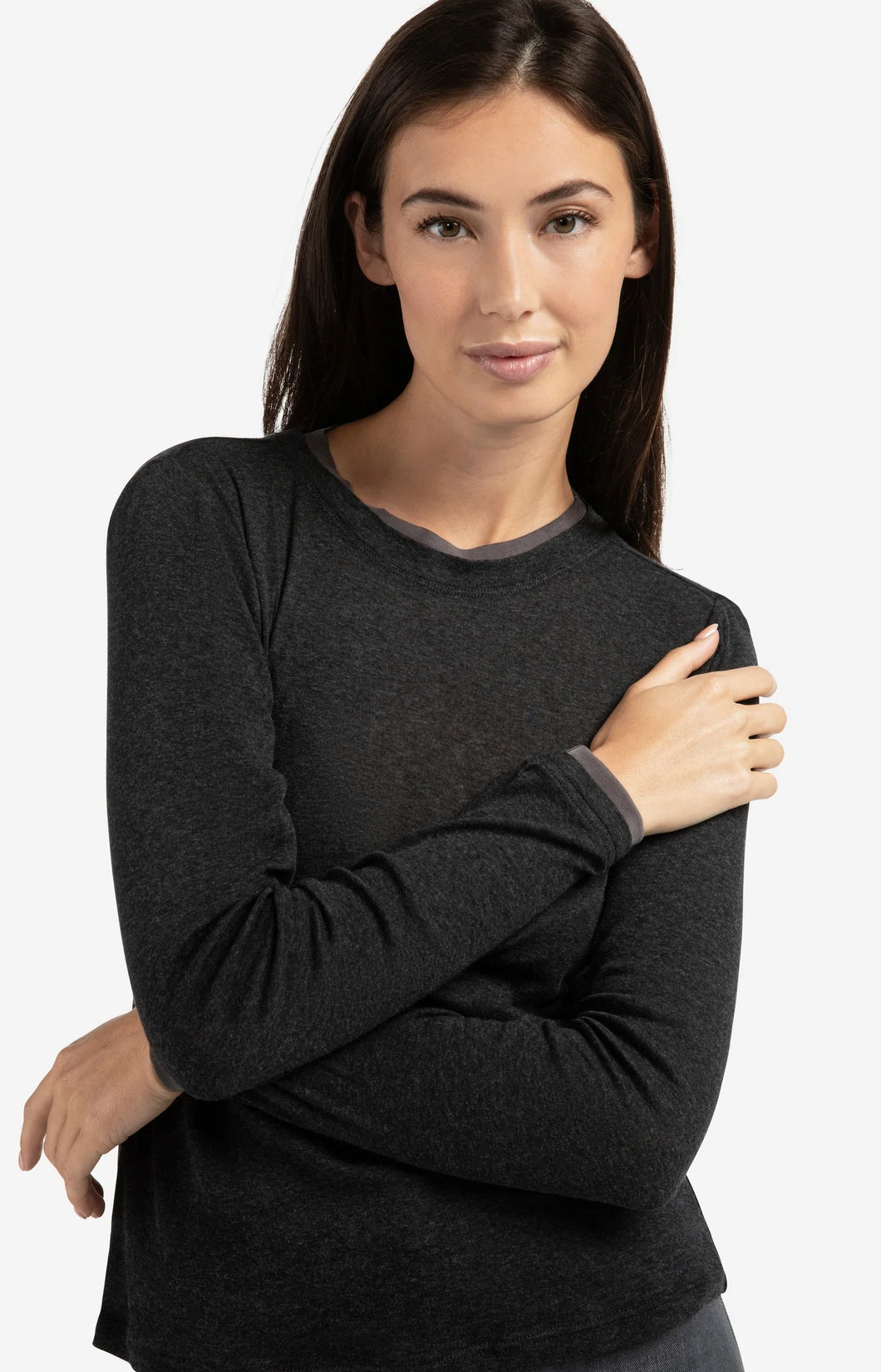 YAYA Suedine trim neckline trim top Anthracite Melange