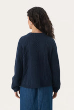 Load image into Gallery viewer, Part Two Lisamarie cable sweater with side buttons Navy Blazer
