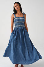 Load image into Gallery viewer, seventy + mochi Sally tie Beadeau dress in Washed Indigo
