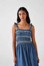 Load image into Gallery viewer, seventy + mochi Sally tie Beadeau dress in Washed Indigo
