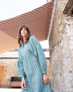 Bibico Kasbah Woodblock print dress Duck Egg