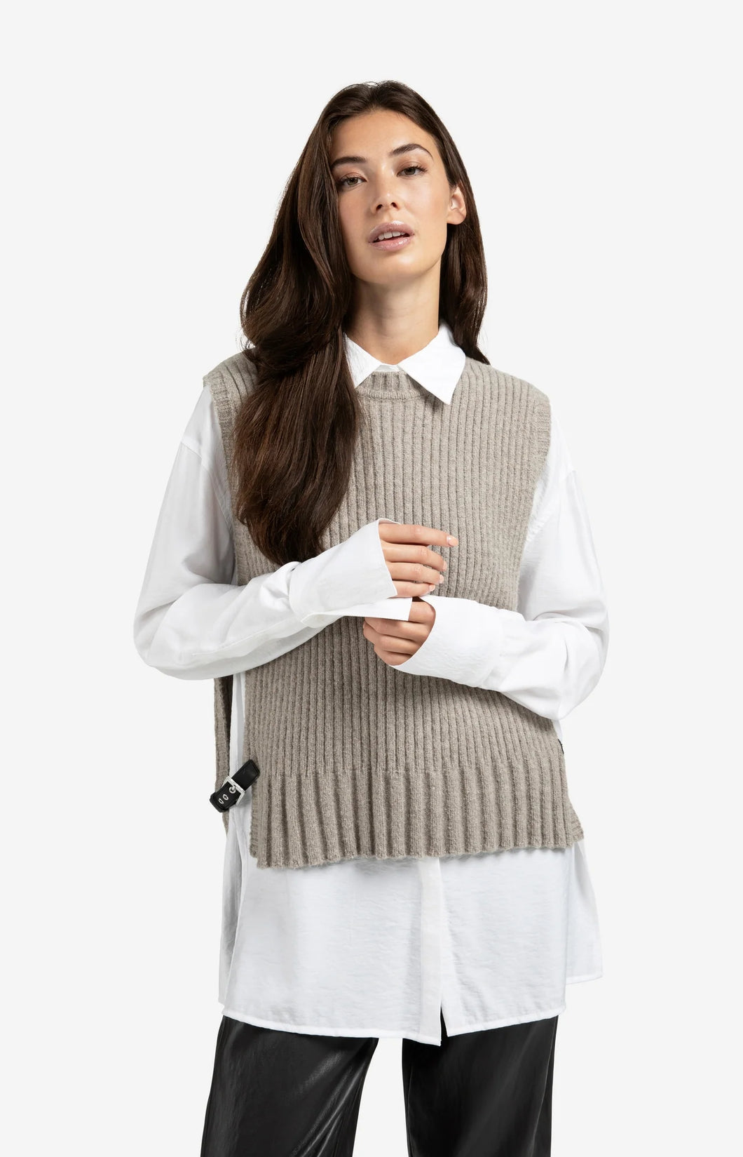 YAYA Ribbed side buckle tank Brownish Grey Melange
