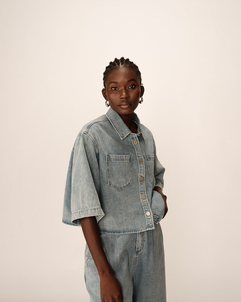 Gace & Mila Pomona cropped denim shirt Sky Blue