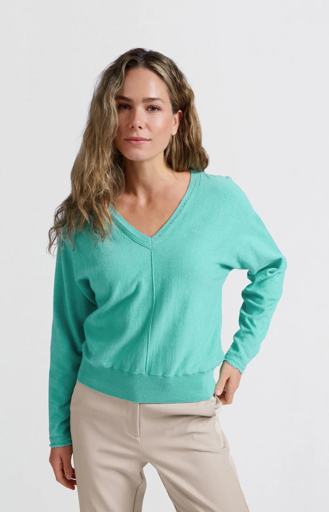 YAYA Batwing V neck soft sweater Pool Blue