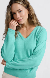 YAYA Batwing V neck soft sweater Pool Blue