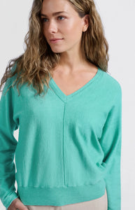 YAYA Batwing V neck soft sweater Pool Blue