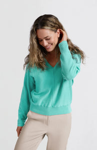 YAYA Batwing V neck soft sweater Pool Blue