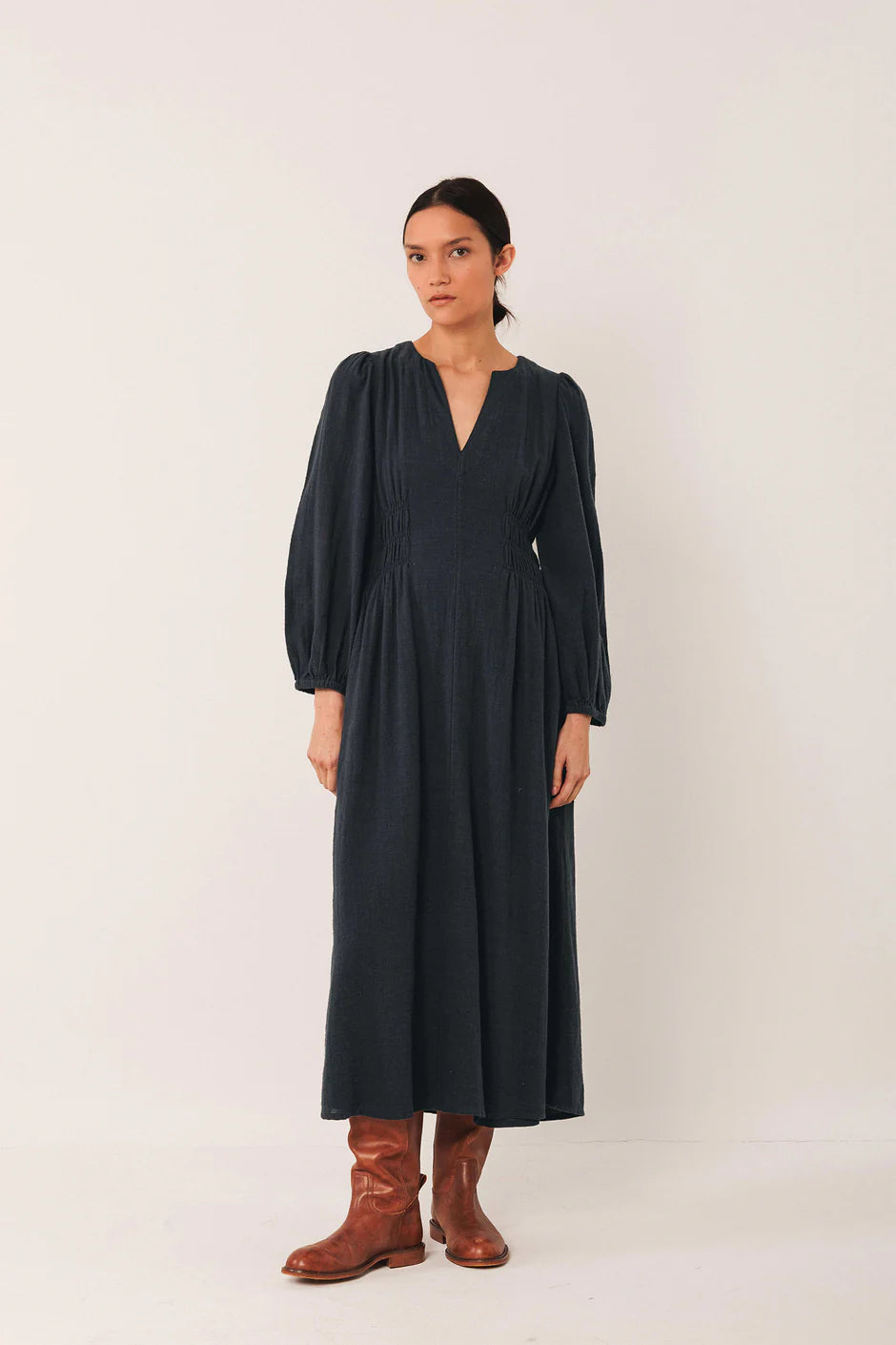 Indi & Cold Crepe shirred waist dress Navy