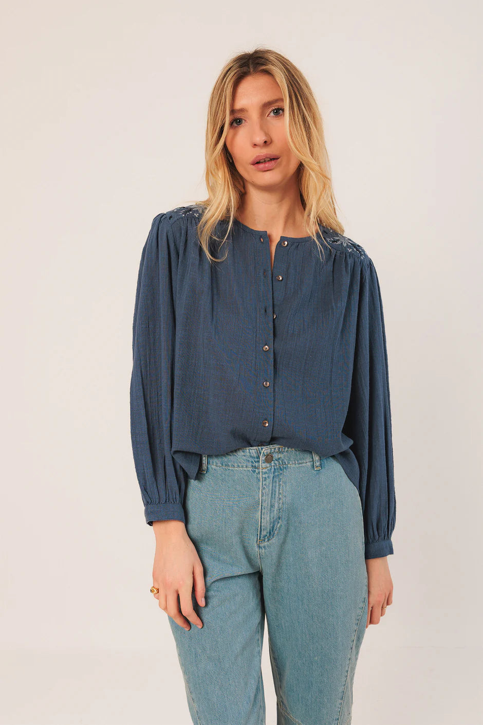 Indi & Cold Embroidered detail boxy blouse Indigo