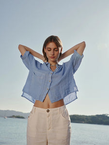Indi & Cold Feature oversized pocket linen shirt Glacial Blue